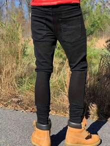 1pc Men's Black Slim Fit Stacked Jeans, Comfortable Casual Street Wear Distressed Denim Pants, Suitable Gift For Husband Or Boyfriend - 黑色常規(L30) - 查看 2