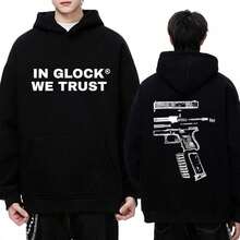 IN GLOCK WE TRUST Letter Double Sided Printed Hoodie Men Women Punk Style Vintage Streetwear Unisex Fleece Long Sleeve Pullovers - 黑色(1) - 查看 1