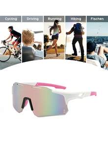 Óculos de proteção esportivos Y2K com lentes coloridas revestidas em rosa e prata, para homens e adolescentes. Modelo geométrico com gradiente de cores, sem armação, ideal para motociclismo, beisebol, ciclismo e esqui.
