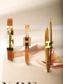 3pcs Fashionable Chic Golden Letter Leather Bracelets, Gifts For Girlfriend - 3pcs-coffee - View 6