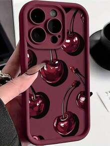 Cherry Pattern 2D Printed Precise Hole Camera Protection Anti-Slip Anti-Drop Burgundy Phone Case, Matte Finish Suitable For IPhone7/8/7plus/8plus/11/11Pro/11promax/X/XR/X MAX/XS/12/12Pro/12promax/13/13Pro/13promax/14/14Pro/14promax/14plus/15/15Pro/15plus/15promax/16/16e/16plus/16promax/16Pro, Minimalist Phone Protective CoverFOR-YOUR-BELOVED-PHONEChristmas Gifts - 款式1(1件) - 查看 1