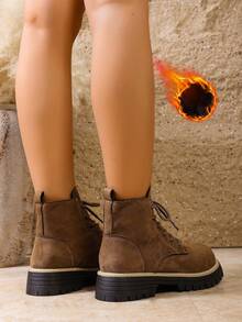女士复古牛仔靴，厚底机车靴，秋冬百搭保暖厚底靴，休闲时尚保暖踝靴 - 棕色 - 查看 7