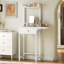 Small Vanity Desk Without Mirror Makeup Vanity Table For Small Space Compact White Dressing Table With Fold-Up Panel And Fabric Drawer For Bedroom Easy Assembly White - 白色 - 查看 3