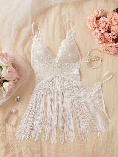 2pcs Women's Halloween Lace Trim Fringe Sexy Lingerie Nightgown Set, Suitable For Home Or Party Use, Sexy Underwear