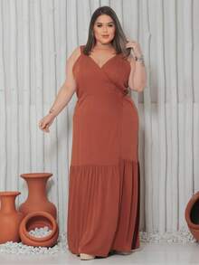 Long Wrap Dress With Thin Straps Made Of Smooth Viscose Linen. - 鏽棕色 - 查看 1