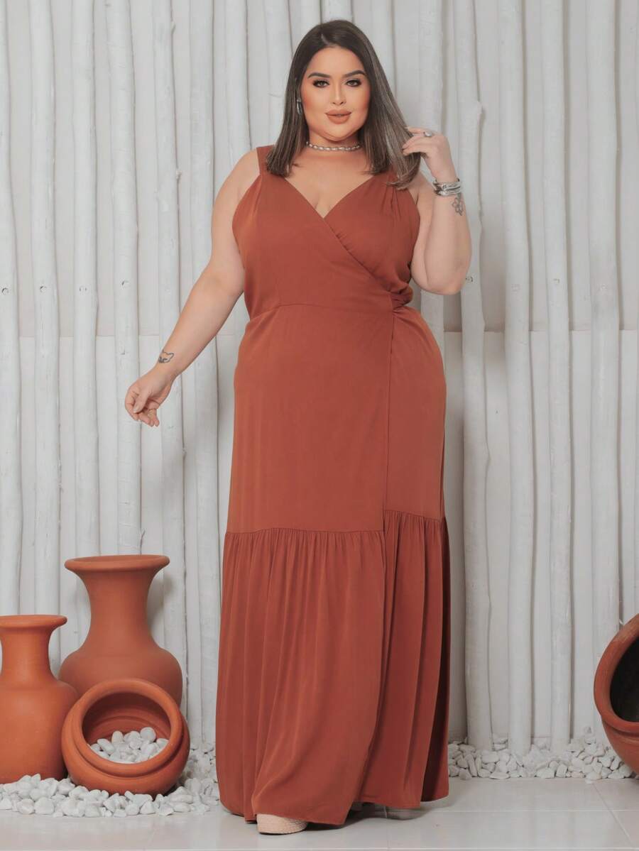 Long Wrap Dress With Thin Straps Made Of Smooth Viscose Linen. - 鏽棕色 - 查看 1