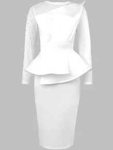 Women's Elegant Mesh Sleeve White Dress With Pearl Embellishments - Asymmetric Ruffle Design, Peplum Waist, Ideal For Formal Occasions, Weddings & Dates - trắng - Xem 5