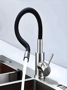 360°旋转不锈钢厨房水龙头 - 单孔安装，陶瓷阀芯，节水设计，抛光拉丝表面，无需电池，冷热水控制，高拱形出水嘴，四季皆宜的厨房用品，厨房配件，厨房工具