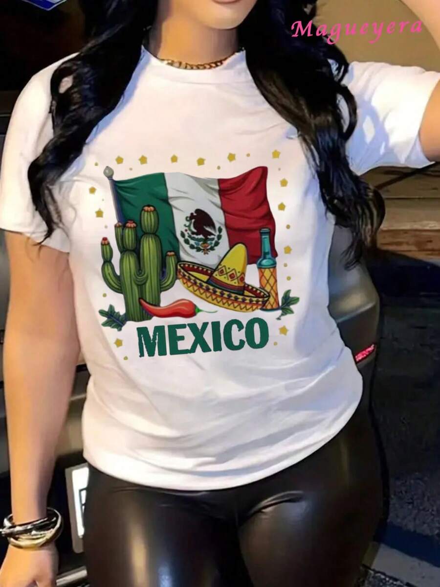 Camiseta De Algodón Suave MGY Con Diseño De Sombrero De Cactus Y Bandera Mexicana, Regalo Para Viajeros, Vestido De Fiesta Moderno Y Casual Para Mujer, Ideal Para Todas Las Estaciones - Blanco - Ver 1