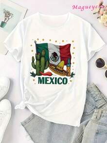 Camiseta De Algodón Suave MGY Con Diseño De Sombrero De Cactus Y Bandera Mexicana, Regalo Para Viajeros, Vestido De Fiesta Moderno Y Casual Para Mujer, Ideal Para Todas Las Estaciones - Blanco - Ver 2