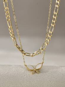 Nooxian 女士2件套黄金项链，时尚叠戴项链，搭配优雅经典的蝴蝶形立方氧化锆吊坠，多层项链，高级珠宝礼品 - 金黃色 - 查看 4