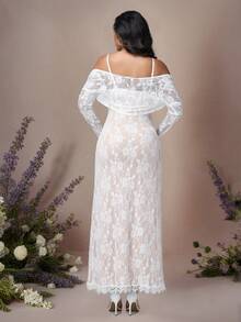 JustVH 2pcs Maternity Elegant Lace Long Sleeve Top And Lace Slip Dress Set, Suitable For Baby Shower, Party, Photo Shoot - White - View 2