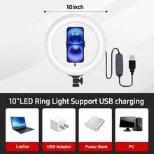 Kit definitivo para creadores de contenido: Aro de luz regulable de 10", trípode desmontable de 57" (se extiende hasta 16,3") y soporte universal para teléfono. 3 colores de luz y 10 niveles de intensidad vía USB. ¡Ideal para transmisiones en vivo, tutoriales de maquillaje y fondos festivos de Halloween! - Negro - Ver 5