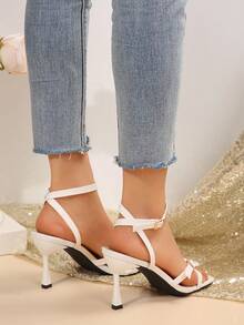 Stylish Square Toe Sandals, Casual Minimalist Fashion Sexy High-End Summer Outdoor Wear, Stilettos Open Toe Strap Suitable For Dates, Commuting, Travel - White - View 6