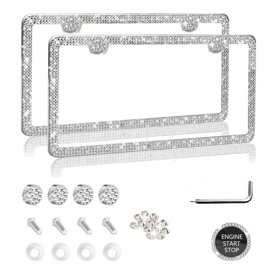 1PCS/2PCS Diamond Glitter Stainless Steel License Plate Frame, Ladies Car Decor, Comes With Easy Installation Kit And Start Button Sticker, For Car And SUV, American License Plate Standard, Fashion Accessory, Stylish Car Decor, Birthday, Holiday Gift - Trắng 2 cái - Xem 1