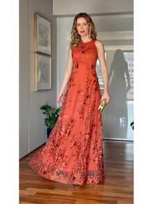 Jessica Terracotta Long Party Dress With Romantic Embroidered Tulle And Halter Neckline. Perfect For Elegant Parties, Bridesmaids, Mothers Of The Bride, Graduation, And Gala Events. Enhance Your Silhouette With Glamour And Sophistication. - Terracota - 查看 7