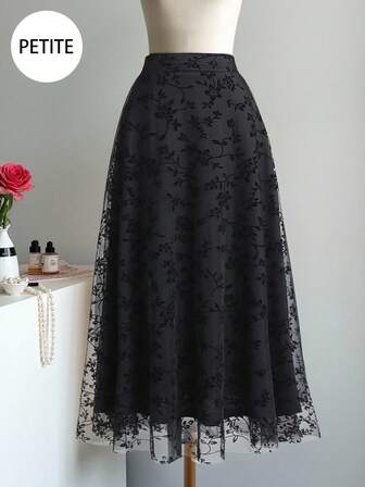 Falda de malla con flocado elegante para mujer, para otoño/primavera, falda negra pequeña de oficina