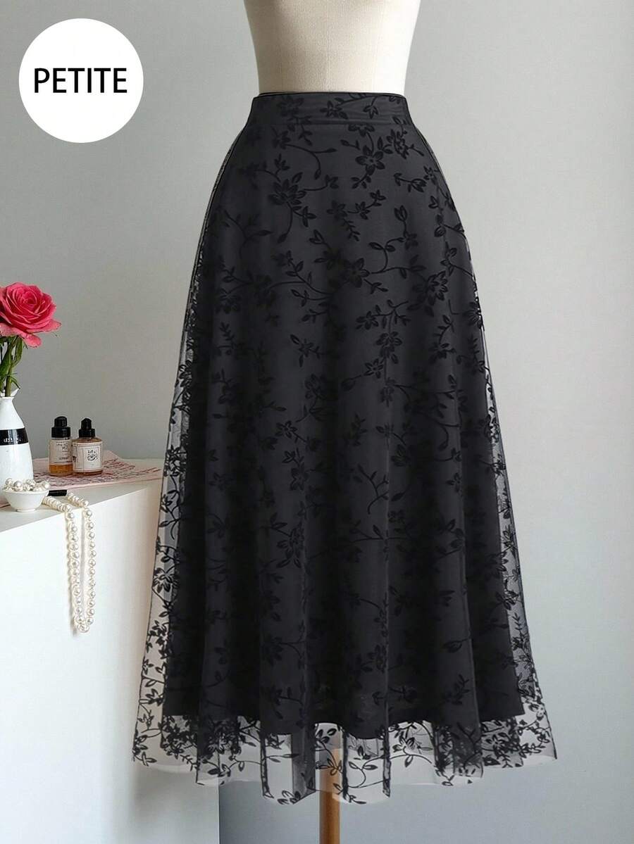 Women's Elegant Commuter Flocked Mesh Skirt, Office Wear Mini Skirt, Autumn/Winter - Black - View 1