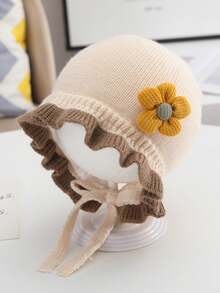 Autumn/Winter Baby Girl Lace Knitted Hat, Cute Princess Earflap Bucket Hat - A Flower - View 9