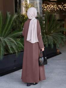 女士优雅蝴蝶结刺绣伊斯兰长袍 - 长款正式及休闲斋月礼服，及地长袍，适合斋月、祈祷、旅行 - 伊斯兰服装，宗教服饰，精致刺绣春季款 - 乾枯玫瑰色 - 查看 4
