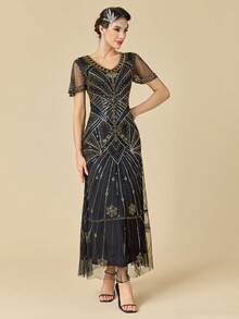 女士复古20年代V领亮片串珠晚礼服，适合婚礼穿着 - 金色 - 查看 3