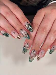 24片短款杏仁形假指甲，金色镶边条纹法式杏仁风格可佩戴指甲，适合派对、舞会和日常使用。 - 彩色 - 查看 1