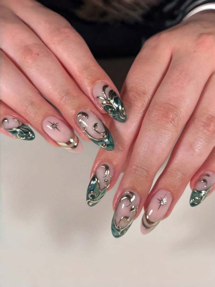 24片短款杏仁形假指甲，金色镶边条纹法式杏仁风格可佩戴指甲，适合派对、舞会和日常使用。 - 彩色 - 查看 1