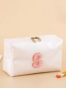 1 Piece//2pcs/4pcs Waterproof Cute Women Makeup Bag For Teen Girls Preppy Chenille Letter Patches SKIN HAIR FACE BATH STUFF Travel Cosmetic Pouch Skincare Face Initial Cosmetic Bag Toieltry Bag Hair Products Stuff Pouch - Beige - View 23