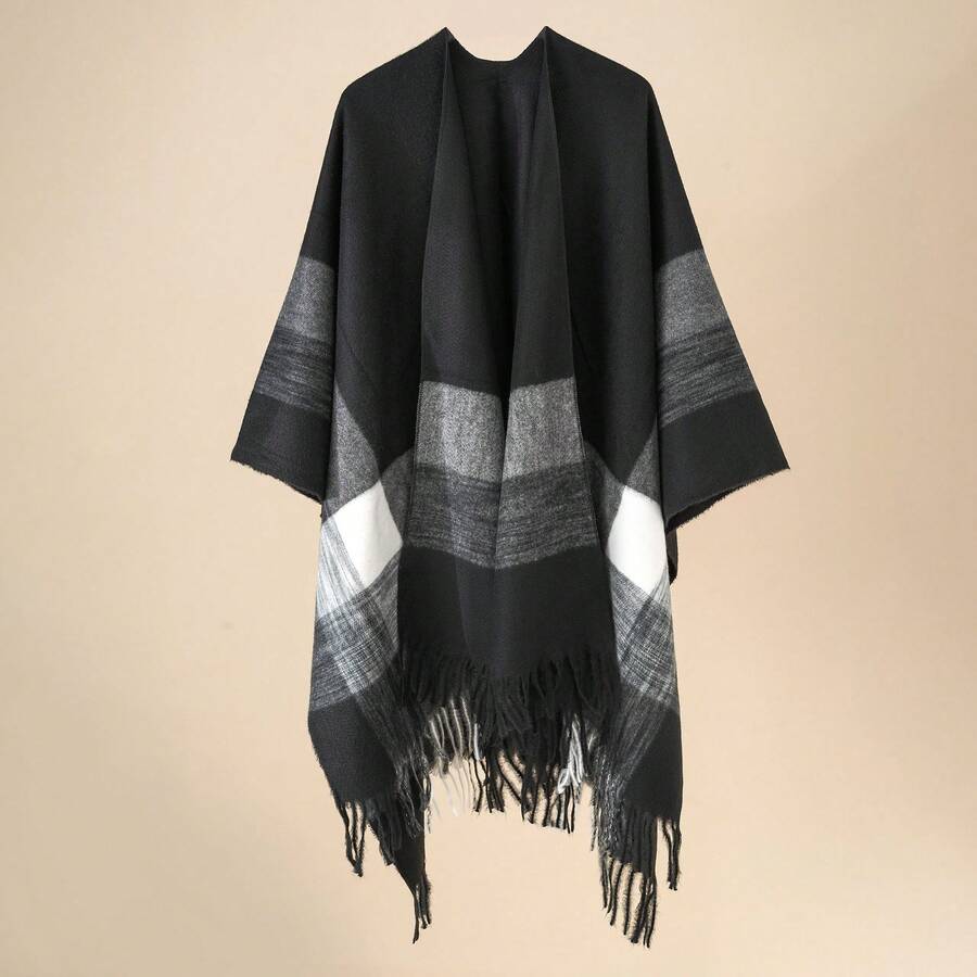 Womens 2025 Fall Winter Lightweight Shawl Wrap Poncho Front Cardigan Shawls For Outdoor Home Wear - 黑色 - 查看 1
