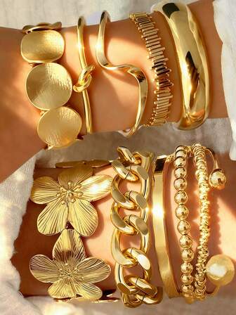 Vintage eleganter übertriebener breiter Münzen-Wind 25 Stücke/11 Stücke/10 Stücke/8 Stücke/6 Stücke/5 Stücke/3 Stücke Metall Element Bling Bling glänzend Blumen Twist geometrisch asymmetrisch Linie umwickelt Cut Out glatt Multi-Teiliges Set Armband Armreif geeignet für Frauen Männer Herbst Winter ganzjährig Feiertag Party Abend Date täglicher Outfit Geschenk ideale Wahl