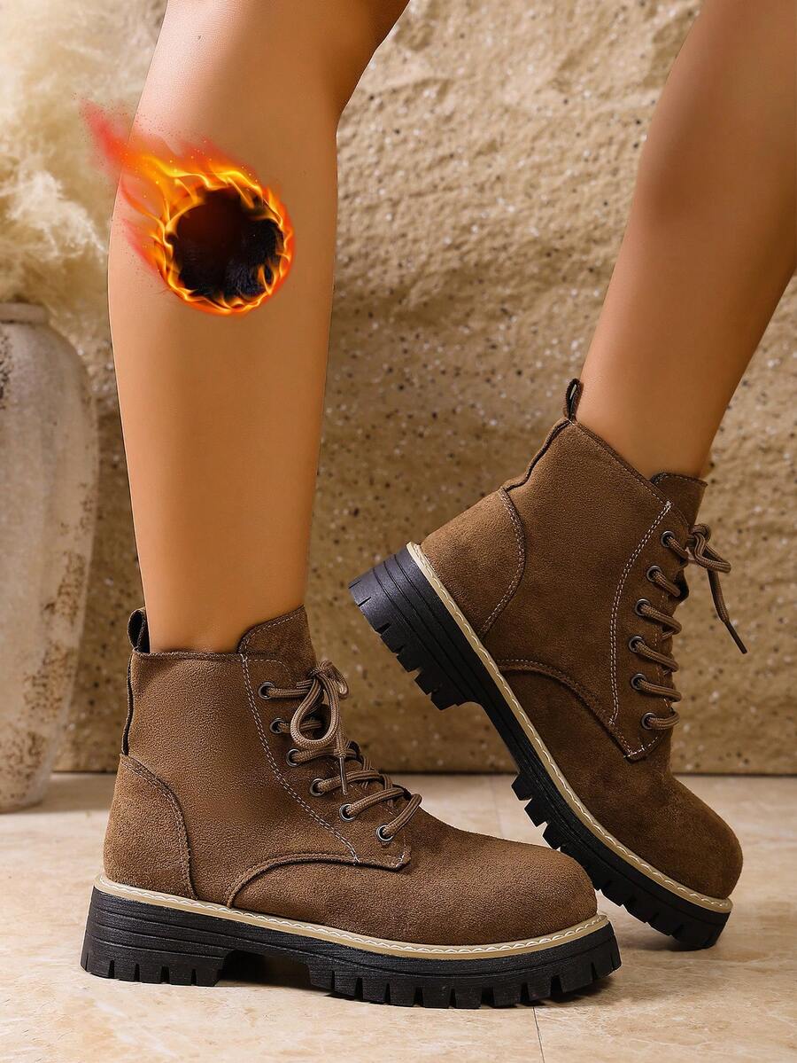 女士复古牛仔靴，厚底机车靴，秋冬百搭保暖厚底靴，休闲时尚保暖踝靴 - 棕色 - 查看 1