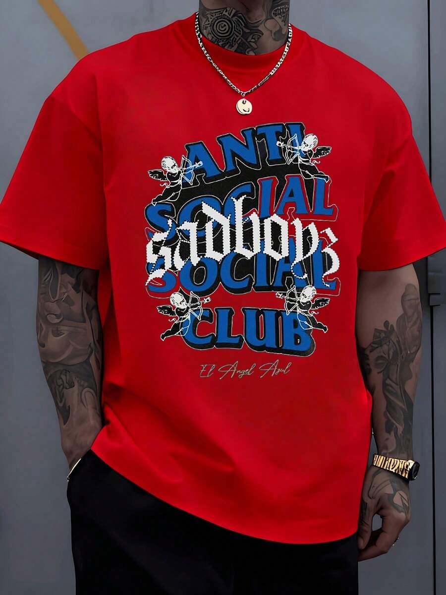 Gothic And Bold 'Anti Social Sadboyz Social Club' Graphic With Winged Cherubs Symbolizes Belonging In Alternative Cultures Men T Shirt 100% Cotton - 紅色 - 查看 1