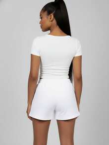 Women's Casual Knitted High-Stretch Track Shorts With Drawstring And Pockets, Perfect For Relaxed Everyday Wear - 白色 - 查看 3