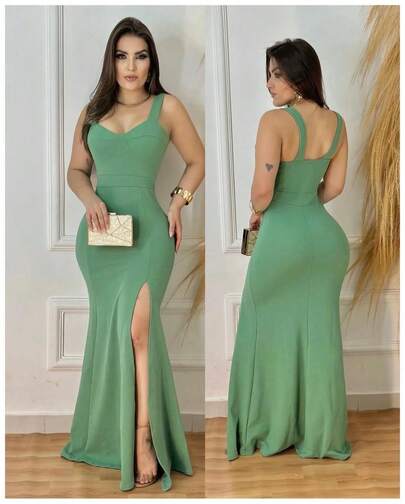 Vestido Longo Sereia Decote Alça Regata Fenda Lateral Festa Casamento Formatura Madrinha