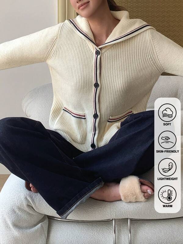 Cálido cárdigan de punto con cuello marinero en contraste - Ropa de punto informal para la temporada de Acción de Gracias y Navidad