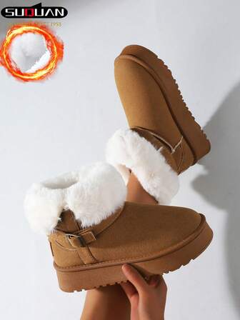 Women's Snow Boots, Fluffy Lining, Short Casual Shoes, Fashionable Matching, Thick-Soled Women's Winter Boots, Fashionable And Versatile Snow Boots, Synthetic Fur Lining For Warmth, Thick Sole, Comfortable Winter Shoes, Suitable For Autumn And Winter