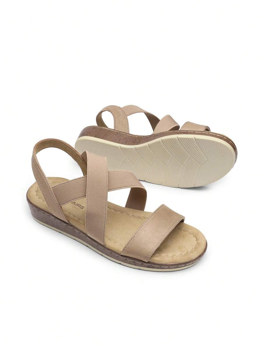 Women Low Wedge Heels Sandals Cross Strappy Slip On Flat Sandals Summer Comfortable Dressy Casual Vacation Walking Shoes - 杏色 - 查看 1
