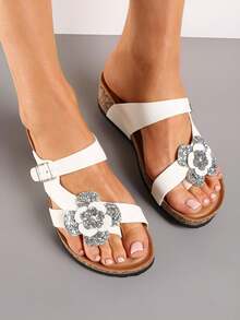 Funkelnde Blumen-Detail Kork-Sandalen, Damen Sommer/Strand Lässig