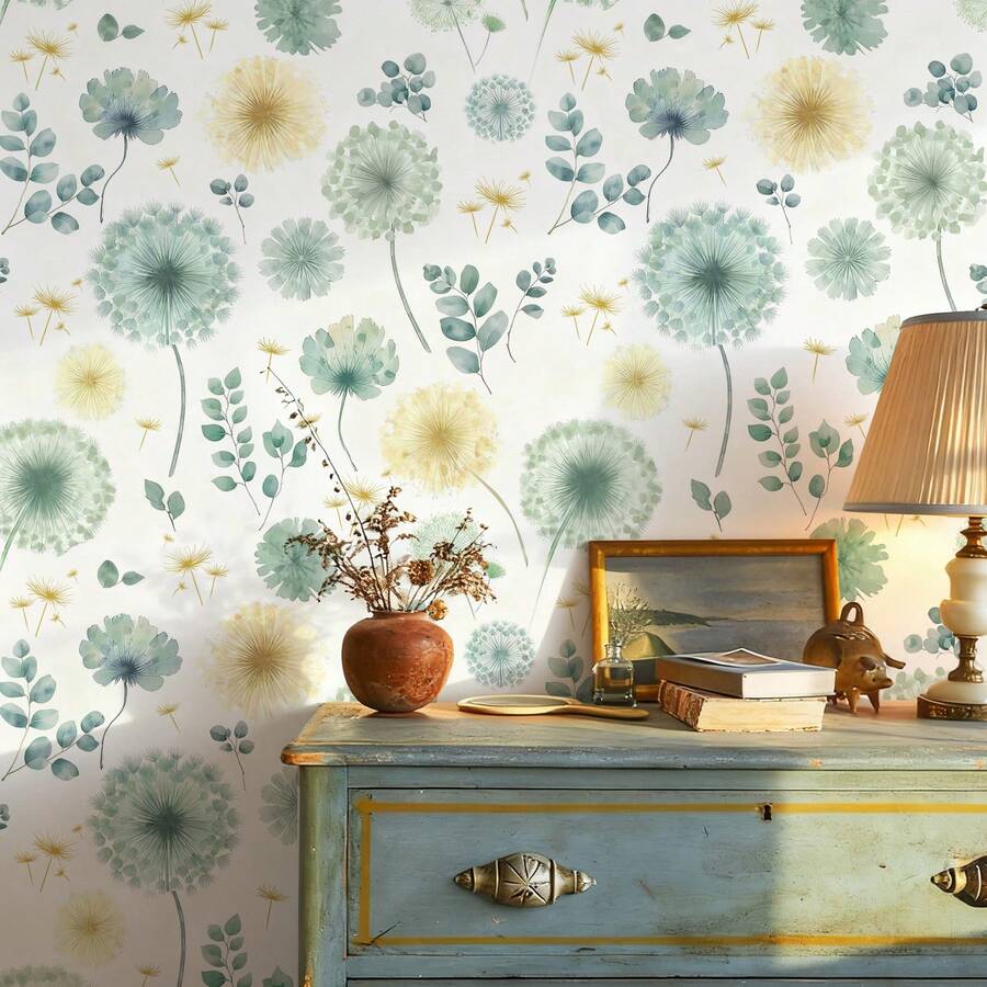 1卷优雅水彩蒲公英花卉自粘壁纸 - 即撕即贴，防水，可移除壁纸贴纸，北欧风格，适用于客厅、卧室、背景墙、橱柜、书架，适合租房者DIY装饰 - 彩色 - 查看 1