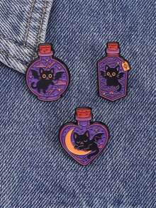 3pcs Magic Cat Enamel Pin Custom Black Cat Magic Potion Brooch Collar Badge Gothic Animal Brooch Halloween Gift For Friends - Multicolor - View 1