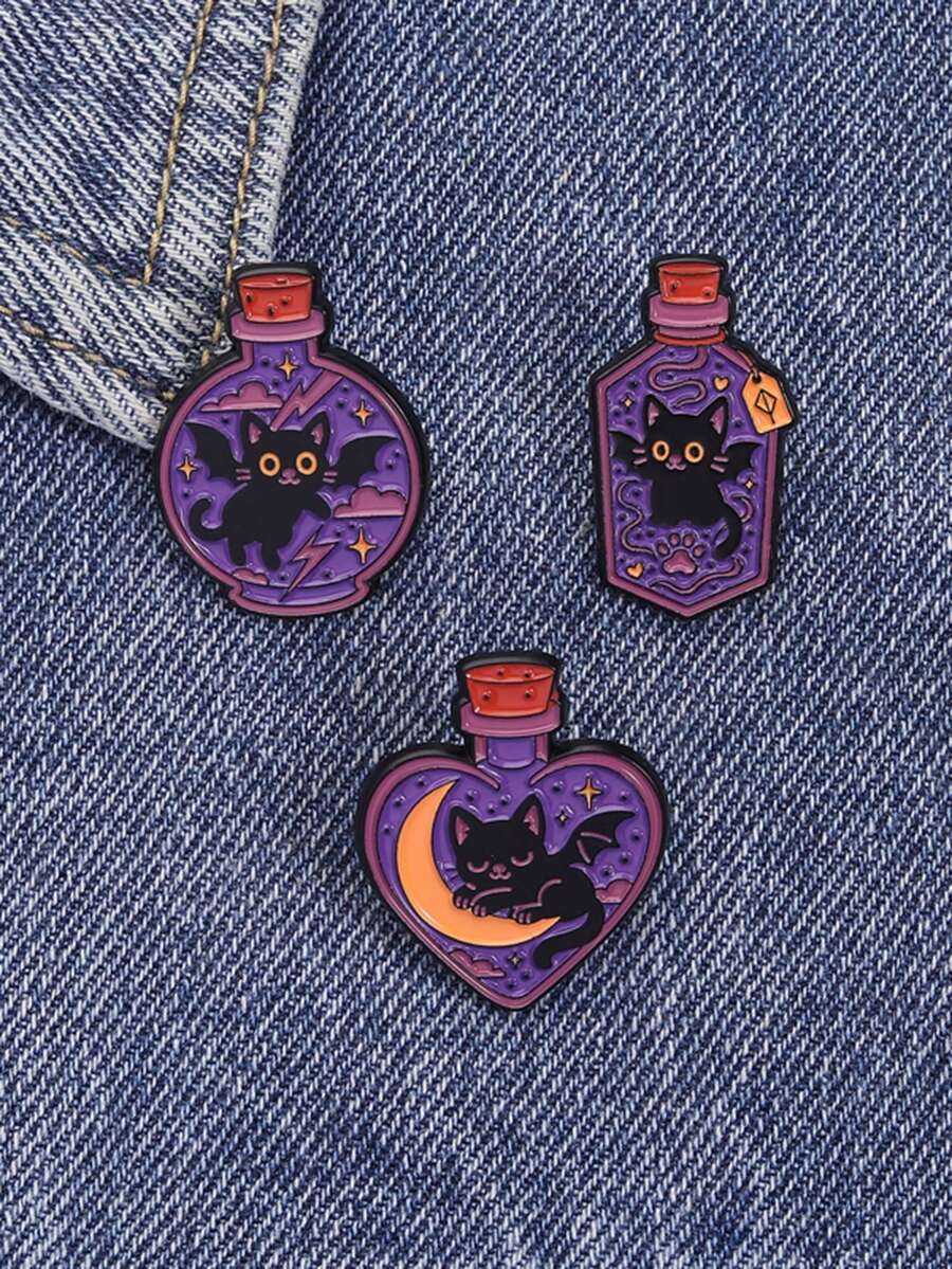 3pcs Magic Cat Enamel Pin Custom Black Cat Magic Potion Brooch Collar Badge Gothic Animal Brooch Halloween Gift For Friends - Multicolor - View 1