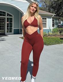 YEOREO Leggings For Women Hidden Scrunch High Waisted Yoga Pants V Cross Tummy Control Craze Compression Workout - 葡萄酒紅 - 查看 7