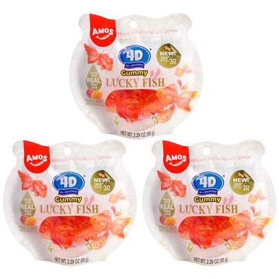 AMOS 4D Gummy 65g Goldfish Lucky Fish Candy 3 Pack, 3D Goldfish-Shaped Filled Gummies, Made With Real Mango & Peach Juice, Gluten-Free