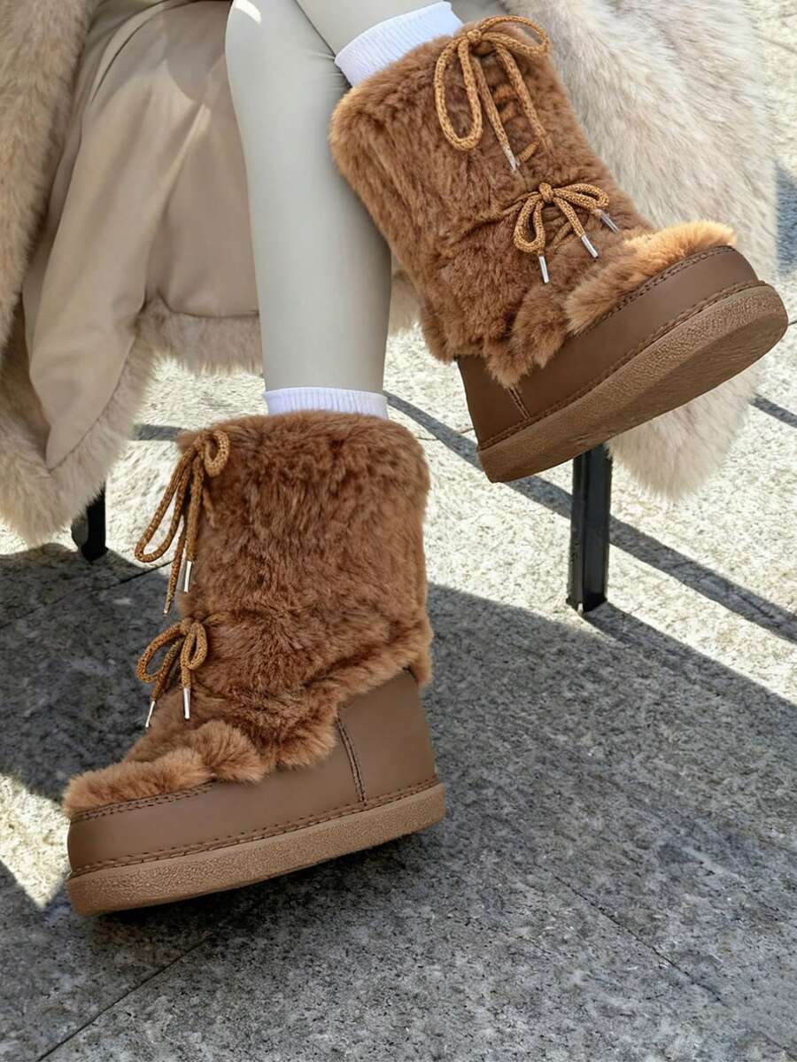 Faux Fur Boots For Women Winter Snow Boots Platform Lace Up Round Toe Boots Warm Snow Shoes Fluffy Winter Boots - màu nâu - Xem 1