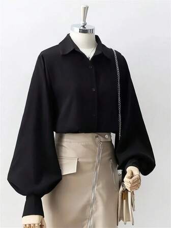 女士复古灯笼袖黑色夏季衬衫