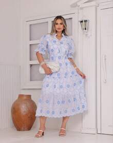 Women's Midi Dress With Embroidered Lace, All-Over Print, Embroidery, Button Detail, Ruffle Detail, Gathered Detail, Suitable For Formal And Evening Wear. - 查看 2