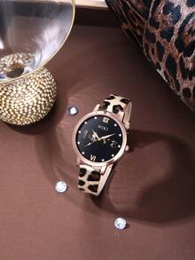 SOKI Women's Watch, 1 Set, Fashionable, Personalized Leopard Print PU Strap Quartz Watch, Round Heart Dial, Leopard Print Necklace And Bracelet SSuitable For Daily Wear, Birthday Gift, Back To School, Thanksgiving, Couples Occasions, Best Gift (Box Not Included) - Brown - View 7