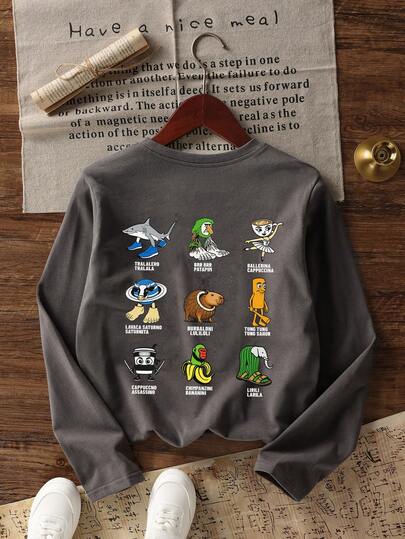 Tween Boy Italian Brainrot Graphic Long Sleeve T-Shirt, Autumn/Winter Tops