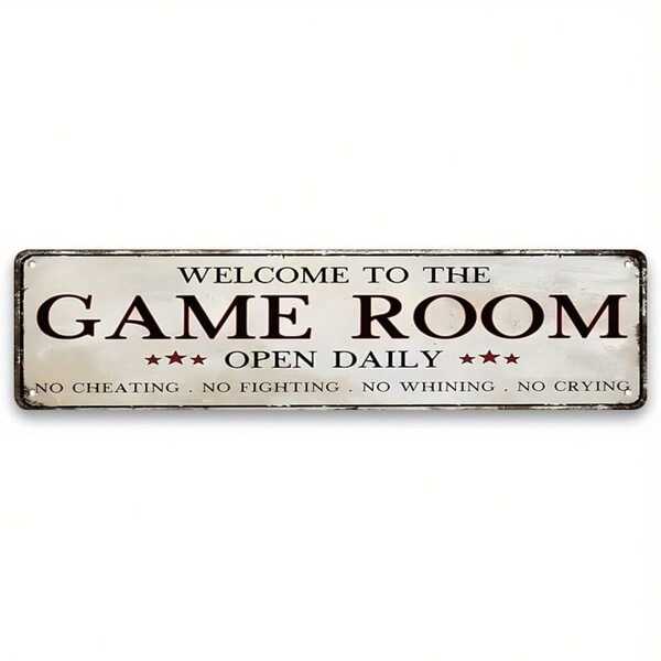 Retro Game Room Metal Tin Sign, Vintage Arcade Decor, Billiard Theater Room Bar Wall Art, Home Game Room Accessory, 16x4 Inch Iron Poster Board - 1pc.