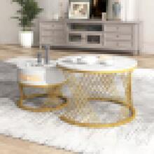2-In-1 Round MDF Coffee Table, Side Table With Wood Top And Plastic Rattan Drawers, Solid Wood Handles, Gold Iron Legs. 70*70*45.5+50*50*38.5 - White + MDF - View 7